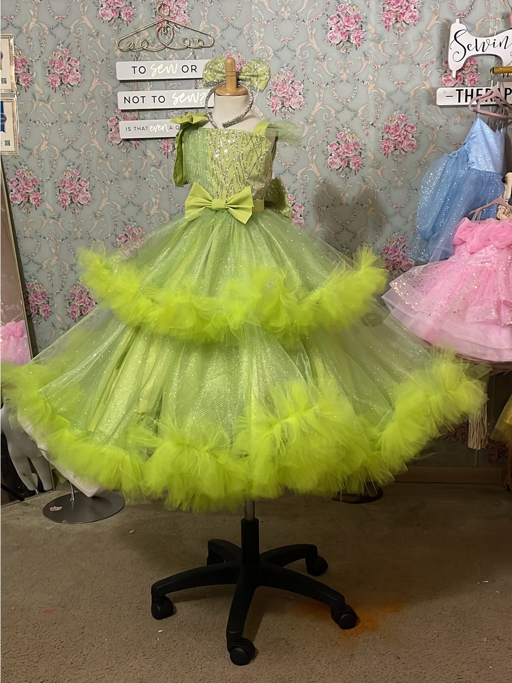Girls Lime Green Sparkle Tulle Party Dress with Bow